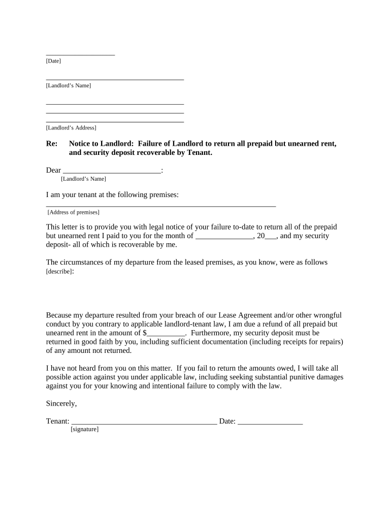 Letter from Tenant to Landlord for Failure of Landlord to return all prepaid and unearned rent and security recoverable by Tenant - Arizona Preview on Page 1