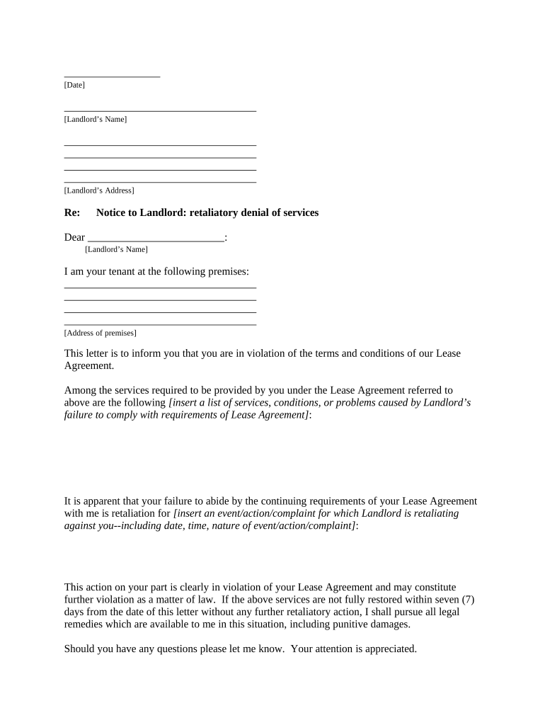 Letter from Tenant to Landlord containing Notice to landlord to cease retaliatory decrease in services - Arizona Preview on Page 1