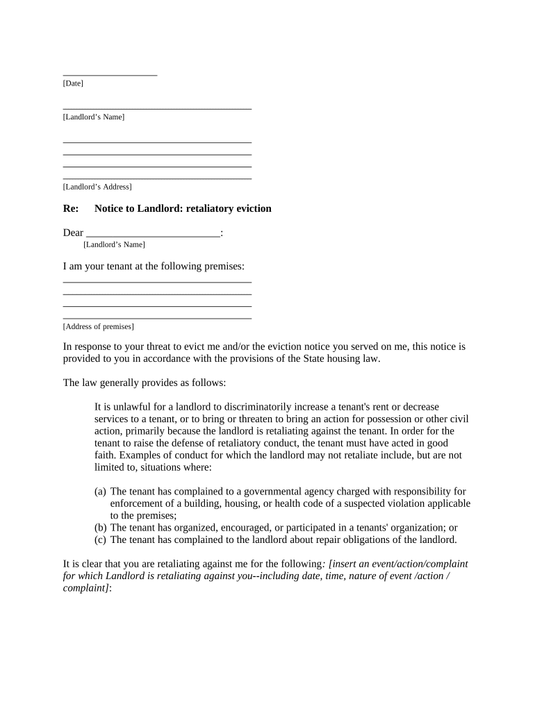 Letter from Tenant to Landlord containing Notice to landlord to cease retaliatory threats to evict or retaliatory eviction - Arizona Preview on Page 1