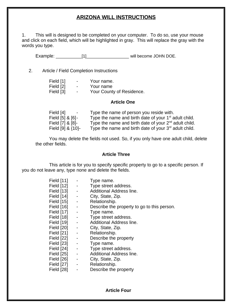 Mutual Wills Package of Last Wills and Testaments for Unmarried Persons living together not Married with Adult Children - Arizona Preview on Page 1