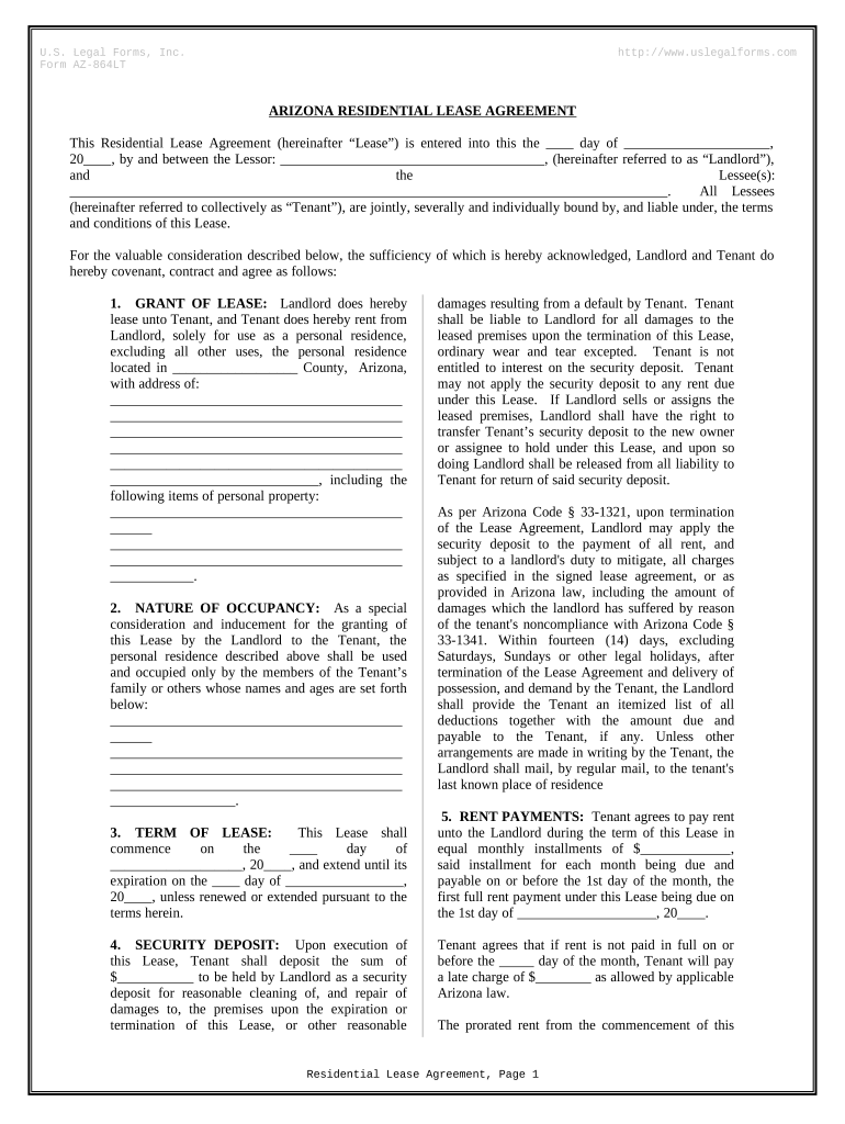 Residential Rental Lease Agreement - Arizona Preview on Page 1.