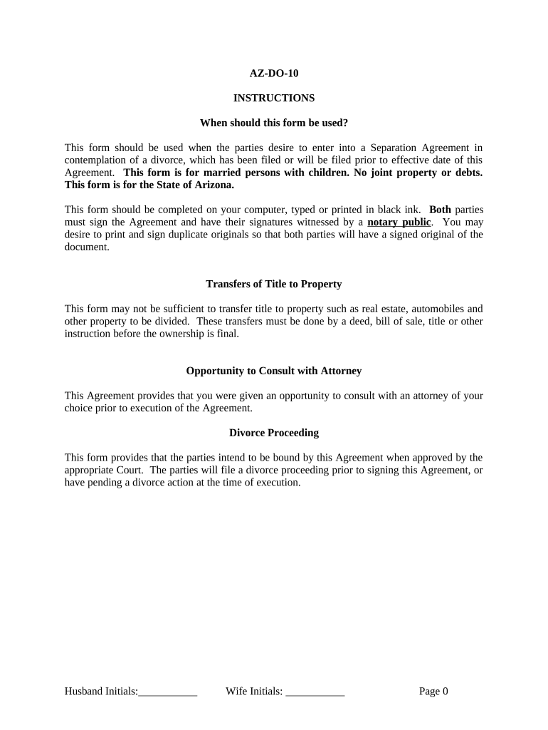 Marital Legal Separation and Property Settlement Agreement where Minor Children and No Joint Property or Debts and Divorce Action Filed - Arizona Preview on Page 1
