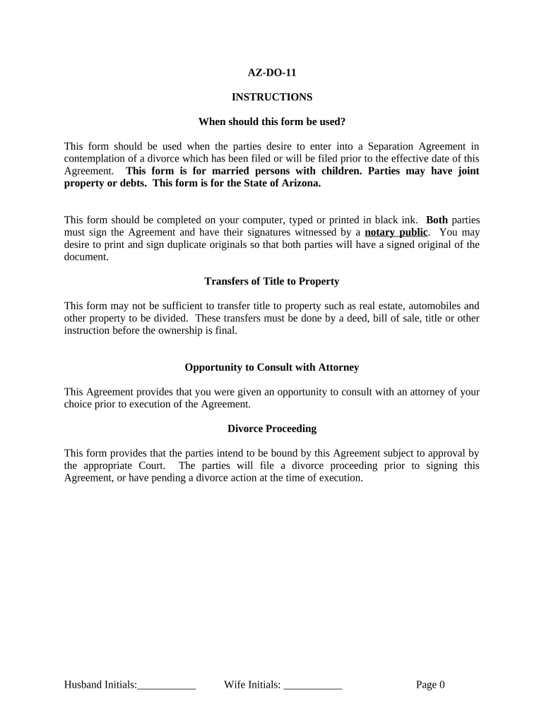 Marital Legal Separation and Property Settlement Agreement where Minor Children and Parties May have Joint Property or Debts and Divorce Action Filed - Arizona Preview on Page 1