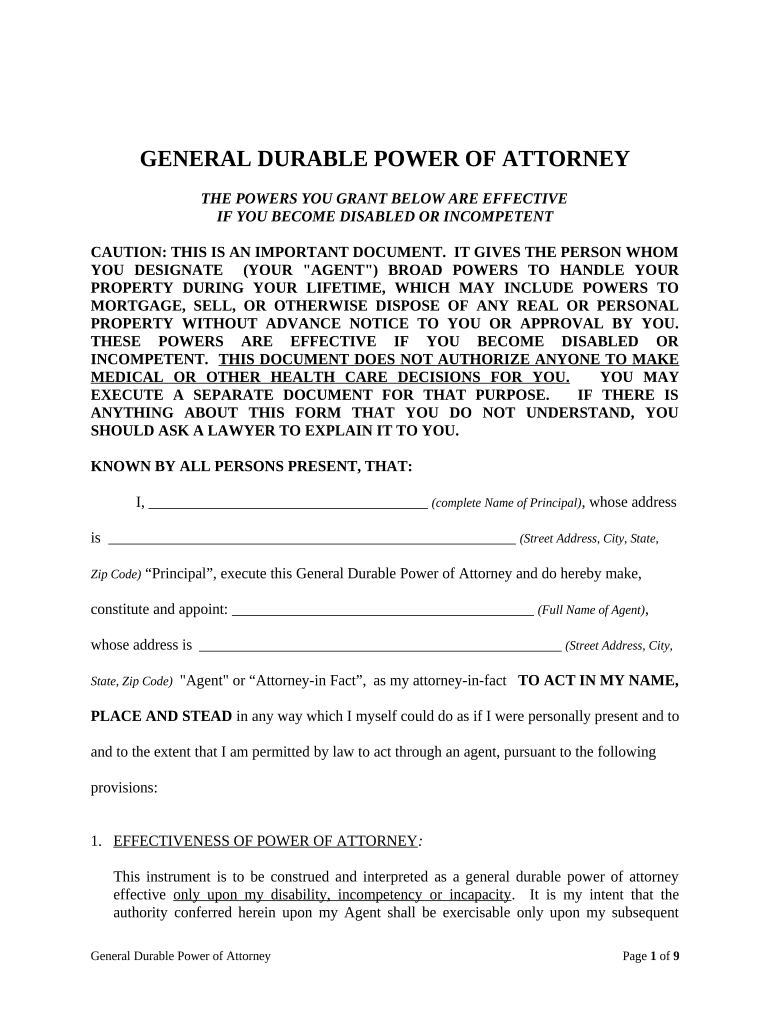 General Durable Power of Attorney for Property and Finances or Financial Effective upon Disability - Arizona Preview on Page 1.