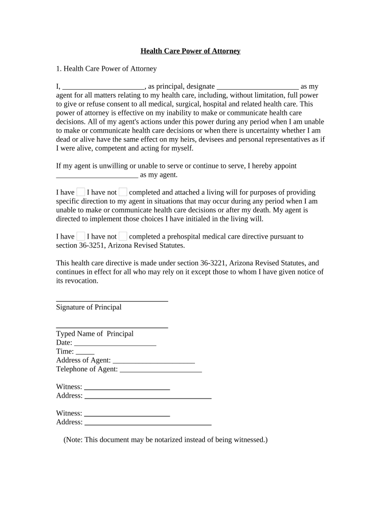 Statutory Health Care Power of Attorney - Arizona Preview on Page 1