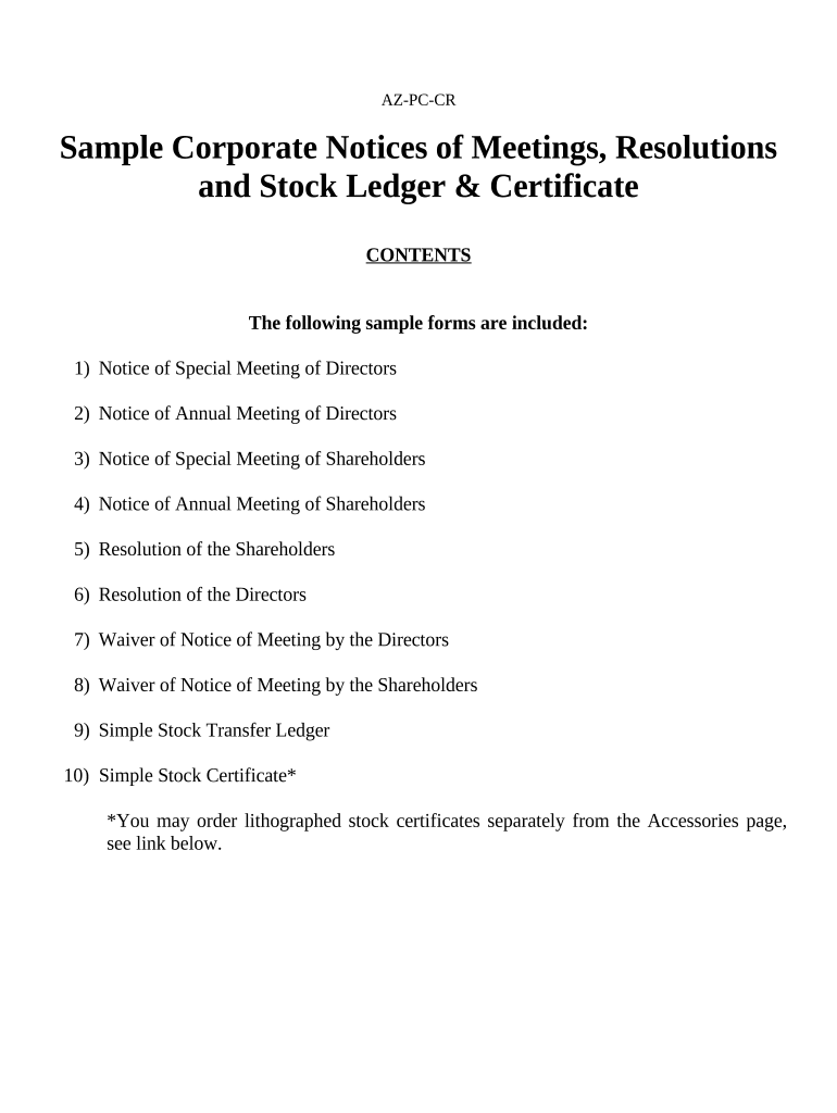 Sample Corporate Records for a Arizona Professional Corporation - Arizona Preview on Page 1