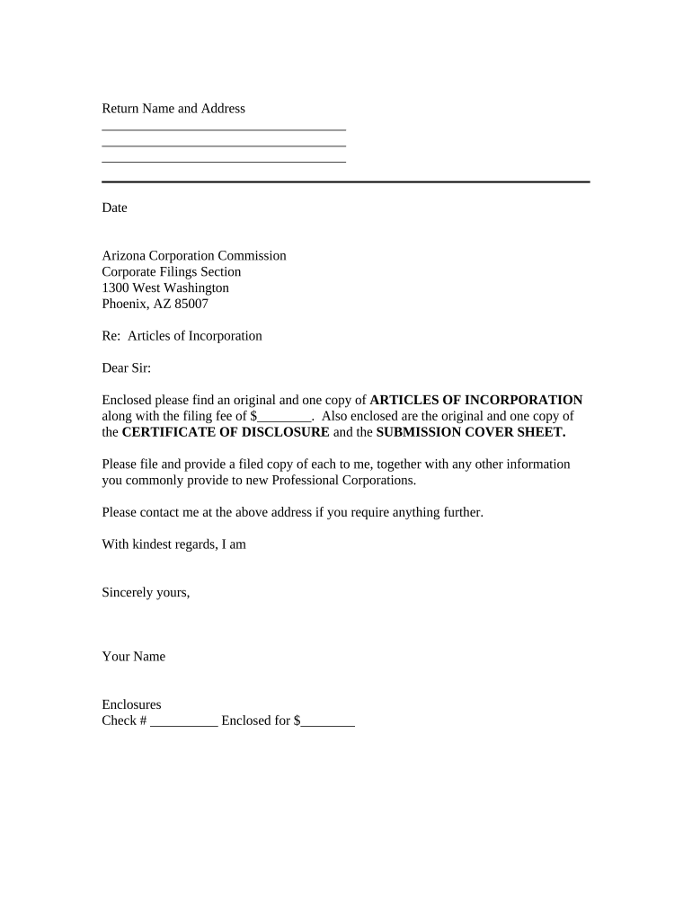 Sample Transmittal Letter for Articles of Incorporation - Arizona Preview on Page 1