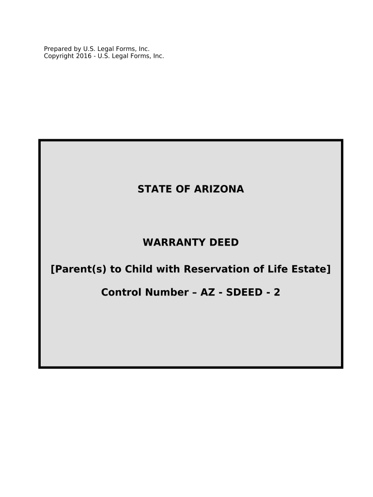 Warranty Deed for Parents to Child with Reservation of Life Estate - Arizona Preview on Page 1