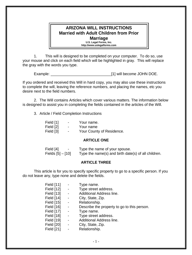 Legal Last Will and Testament Form for Married person with Adult Children from Prior Marriage - Arizona Preview on Page 1.