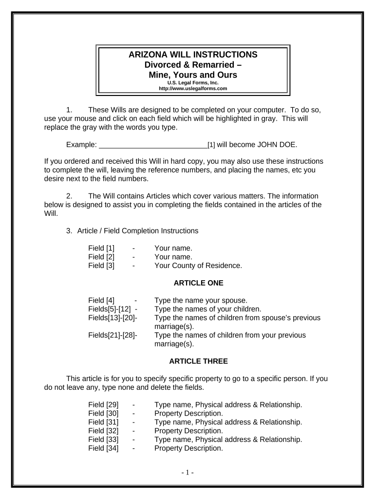 Legal Last Will and Testament Form for Divorced and Remarried Person with Mine, Yours and Ours Children - Arizona Preview on Page 1.