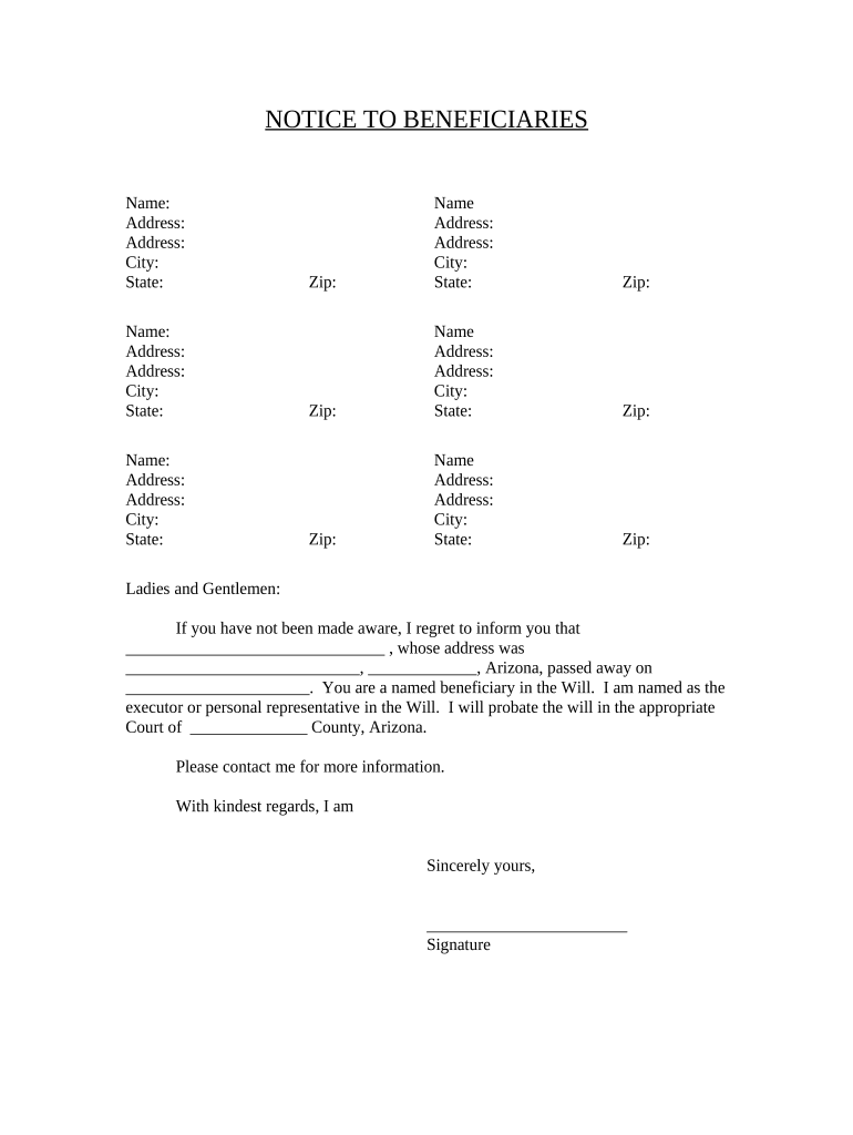 Notice to Beneficiaries of Being Named in Will - Arizona Preview on Page 1