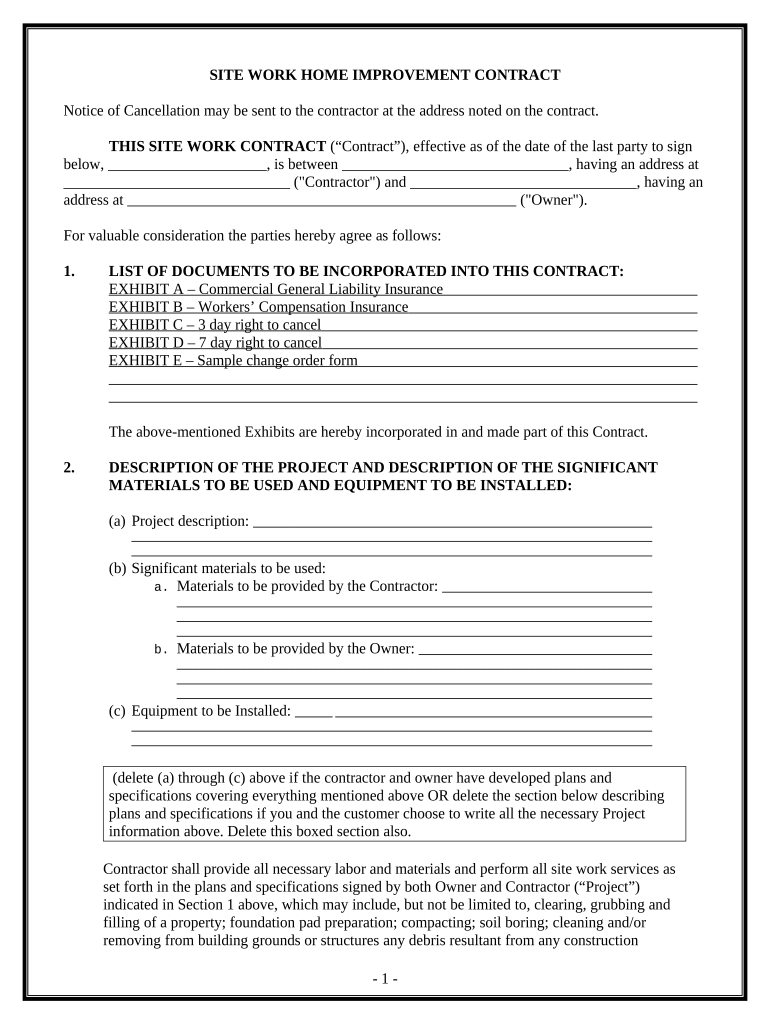 Site Work Contract for Contractor - California Preview on Page 1