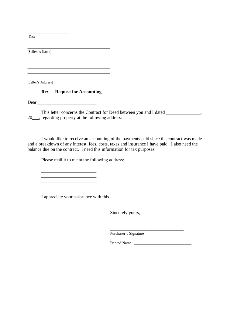 Buyer&#039;s Request for Accounting from Seller under Contract for Deed - California Preview on Page 1