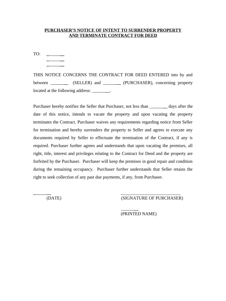 Buyer&#039;s Notice of Intent to Vacate and Surrender Property to Seller under Contract for Deed - California Preview on Page 1.