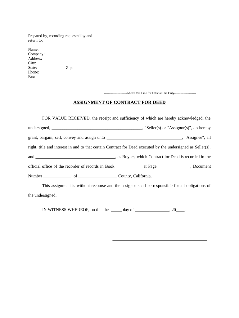 Assignment of Contract for Deed by Seller - California Preview on Page 1.