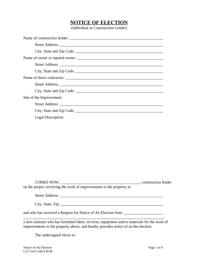 Notice of Election - Individual - California Preview on Page 1