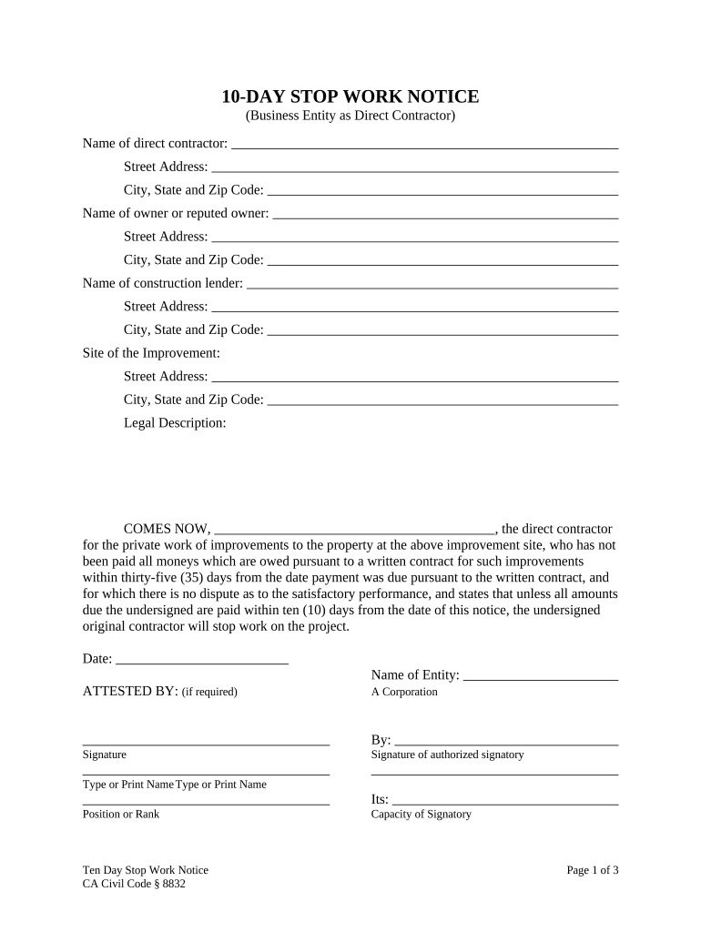 10-Day Stop Work Order - Business Entity - Corporation or LLC - California Preview on Page 1