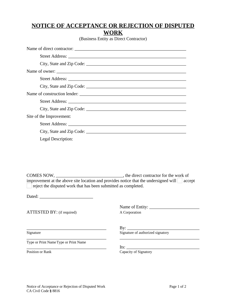 Notice of Acceptance or Rejection of Disputed Work - Construction Liens - Business Entity - California Preview on Page 1