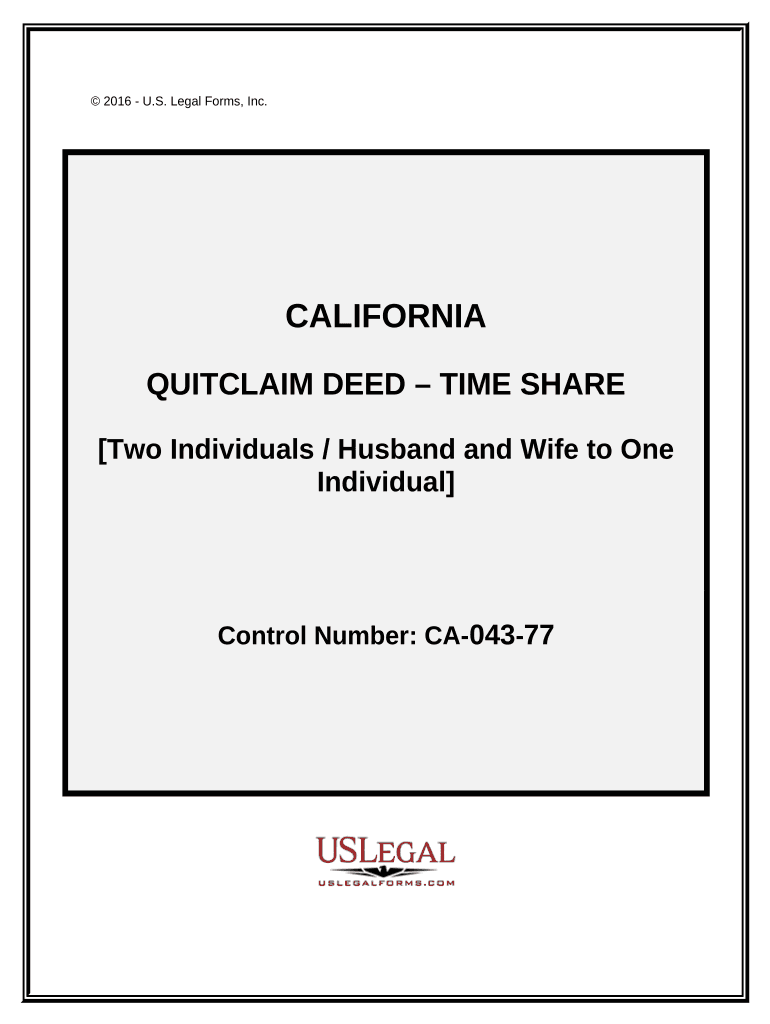 Quitclaim Deed for a Time Share - Two Individuals, or Husband and Wife, to One Individual - California Preview on Page 1.