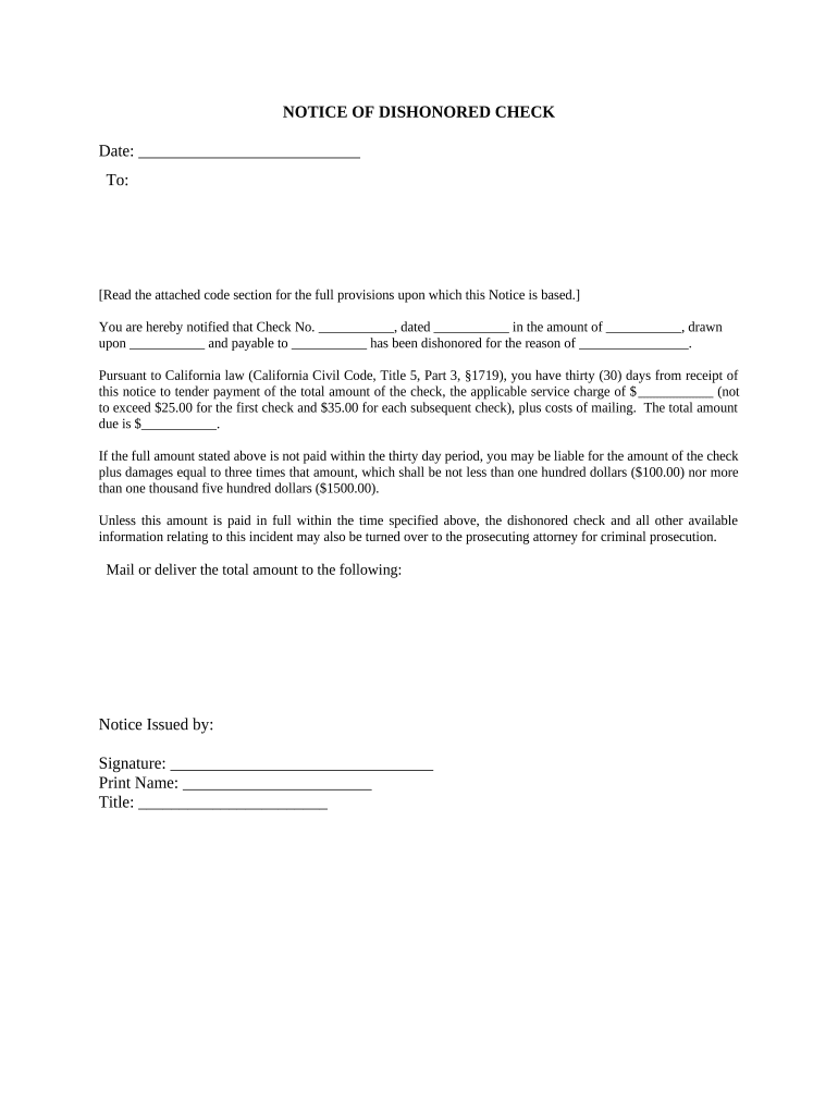 Notice of Dishonored Check Civil Keywords bad check, bounced check