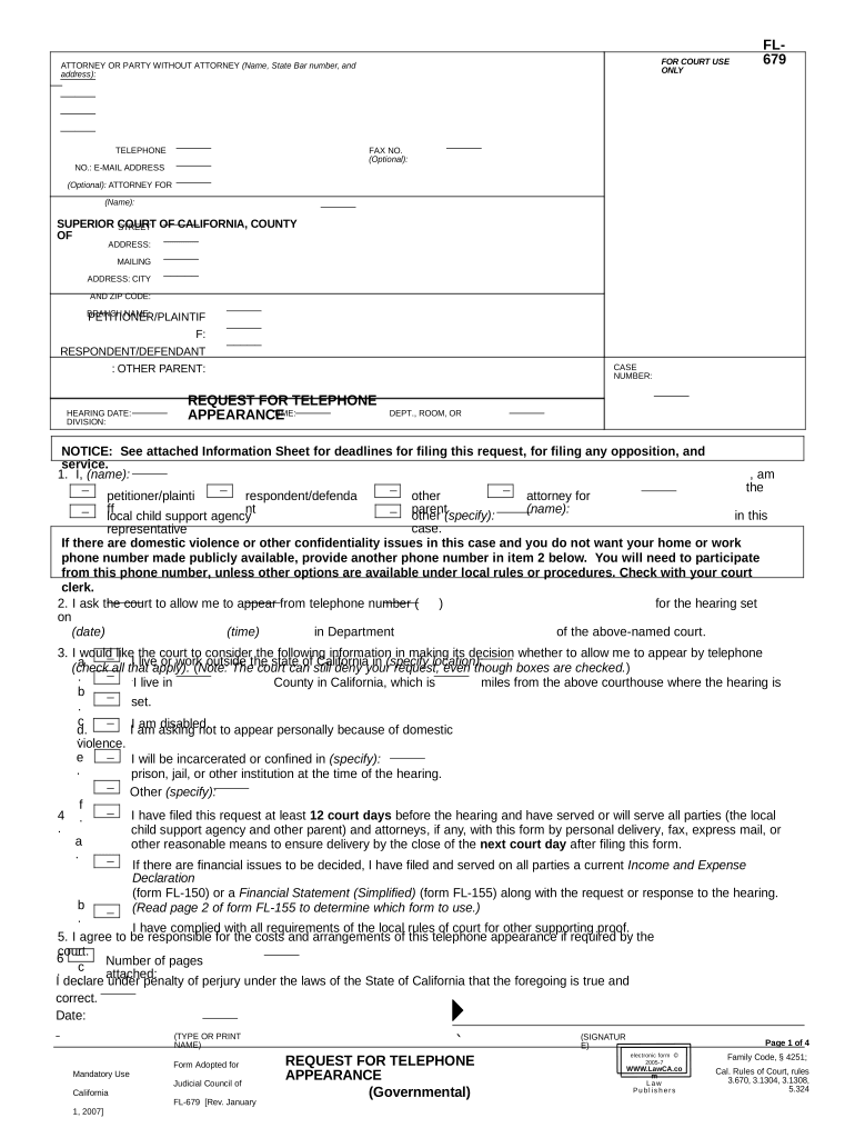 Request for Telephone Appearance - Governmental - California Preview on Page 1