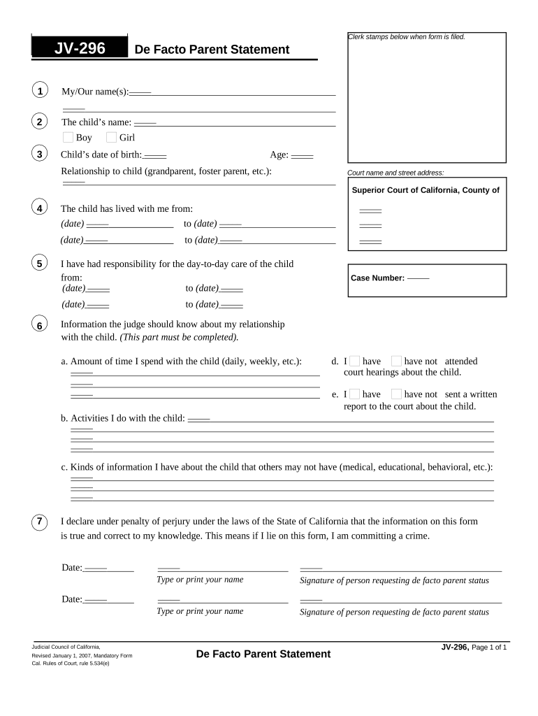 De Facto Parent Statement - California Preview on Page 1