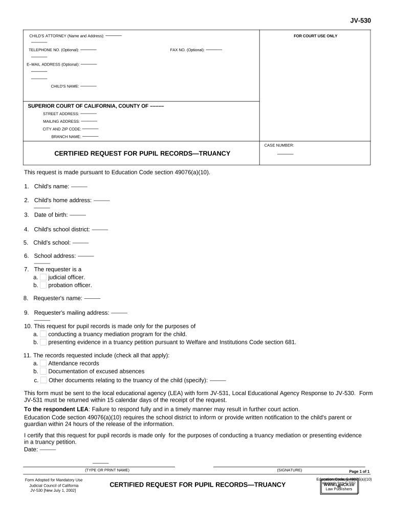 Certified Request for Pupil Record - Truancy - California Preview on Page 1