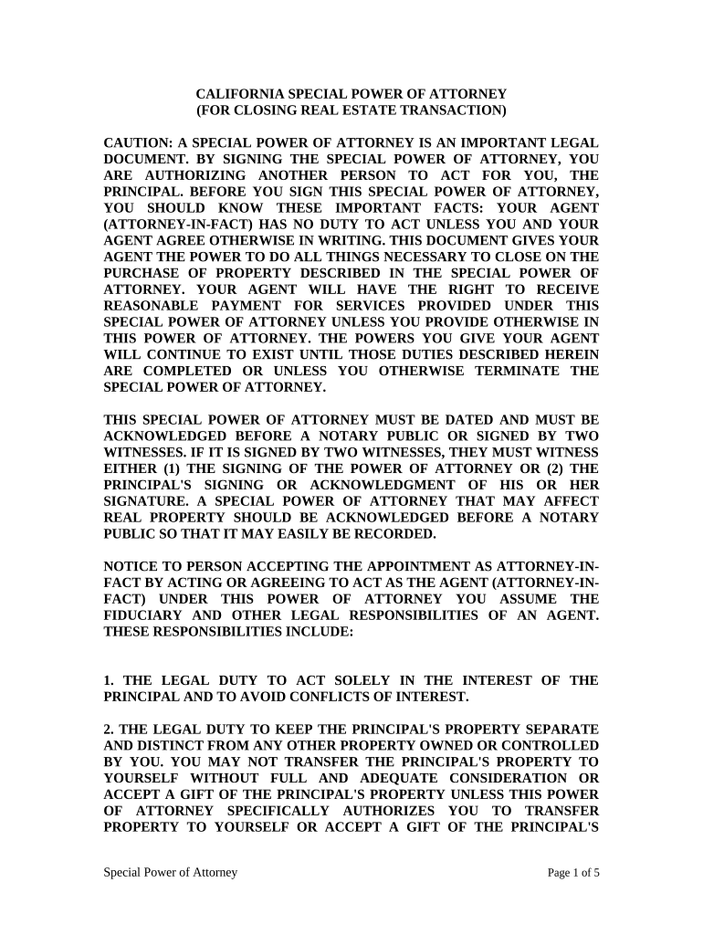 Special or Limited Power of Attorney for Real Estate Sales Transaction By Seller - California Preview on Page 1