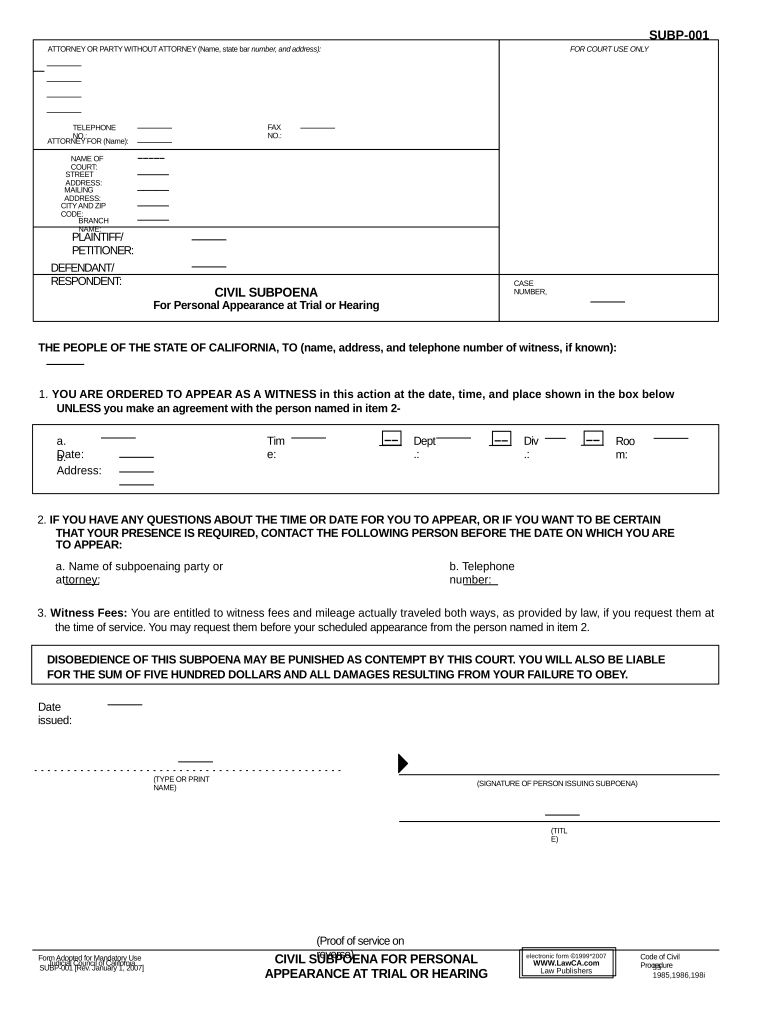 how to fill out a subpoena form in california Preview on Page 1