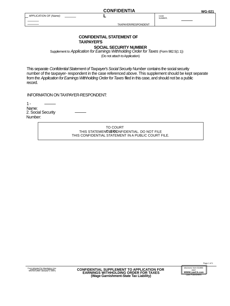 Confidential Supplement to Application for Earnings Withholding Order for Taxes - California Preview on Page 1.