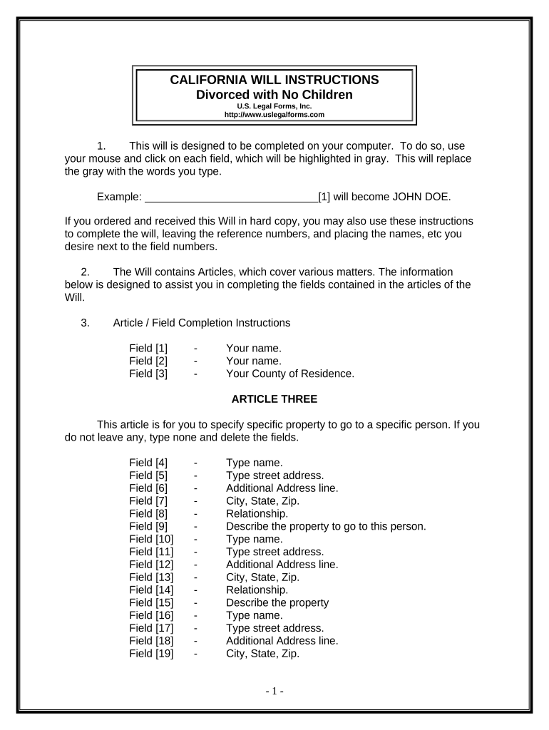 Legal Last Will and Testament Form for Divorced Person Not Remarried with No Children - California Preview on Page 1.