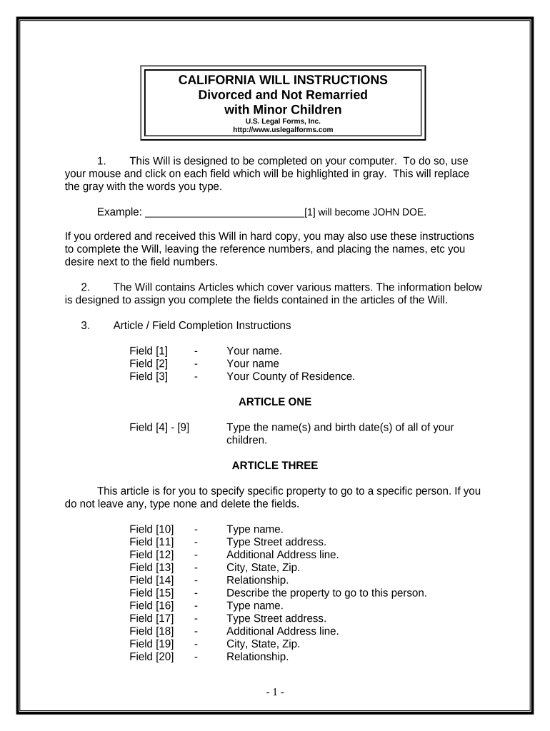 Legal Last Will and Testament Form for Divorced person not Remarried with Minor Children - California Preview on Page 1