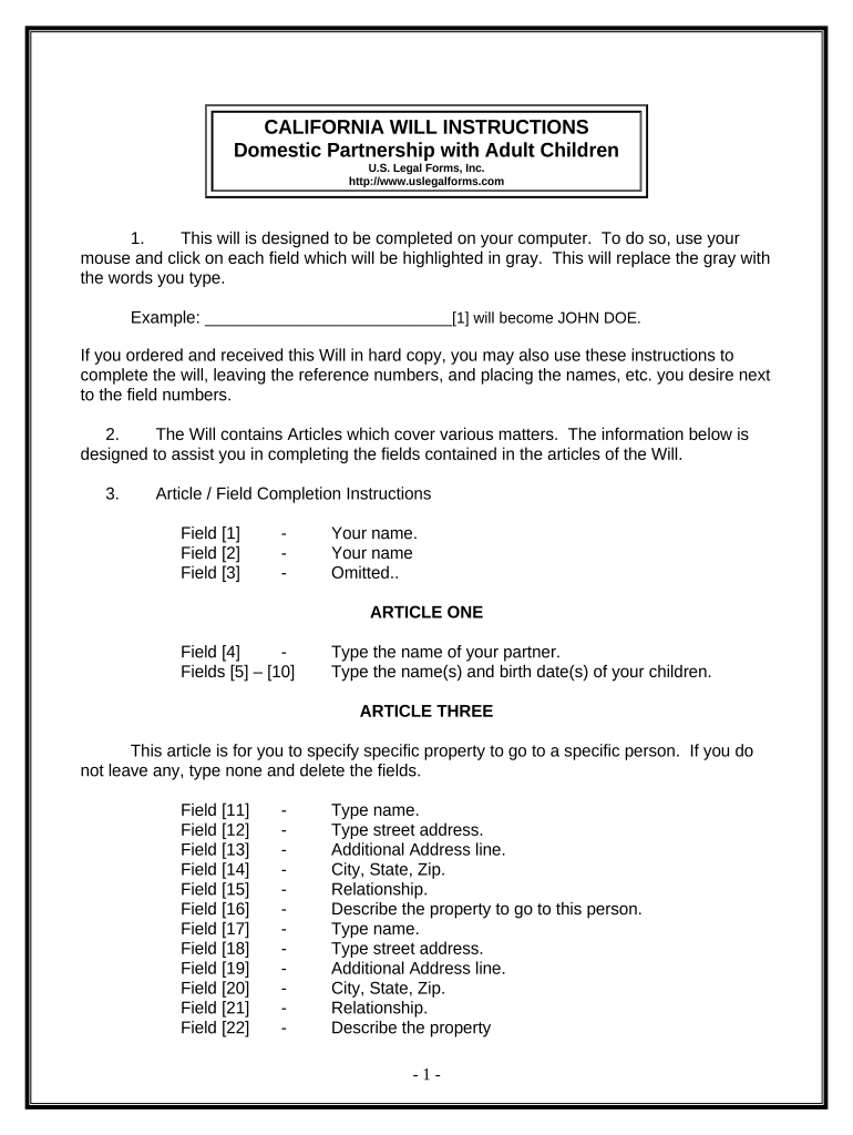 Legal Last Will and Testament Form for Domestic Partner with Adult Children - California Preview on Page 1