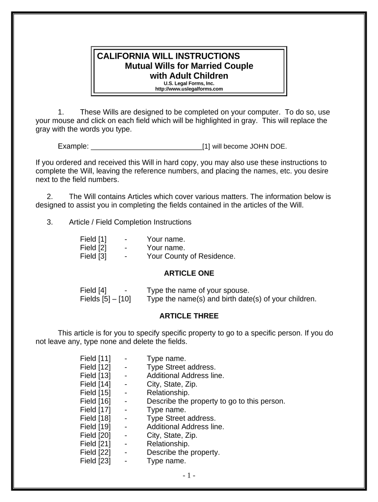Mutual Wills Package with Last Wills and Testaments for Married Couple with Adult Children - California Preview on Page 1