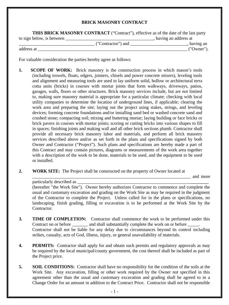 Brick Mason Contract for Contractor - Colorado Preview on Page 1.