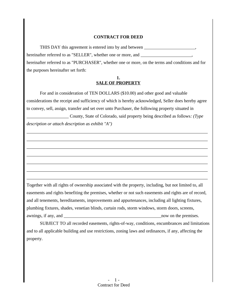 Agreement or Contract for Deed for Sale and Purchase of Real Estate a/k/a Land or Executory Contract - Colorado Preview on Page 1