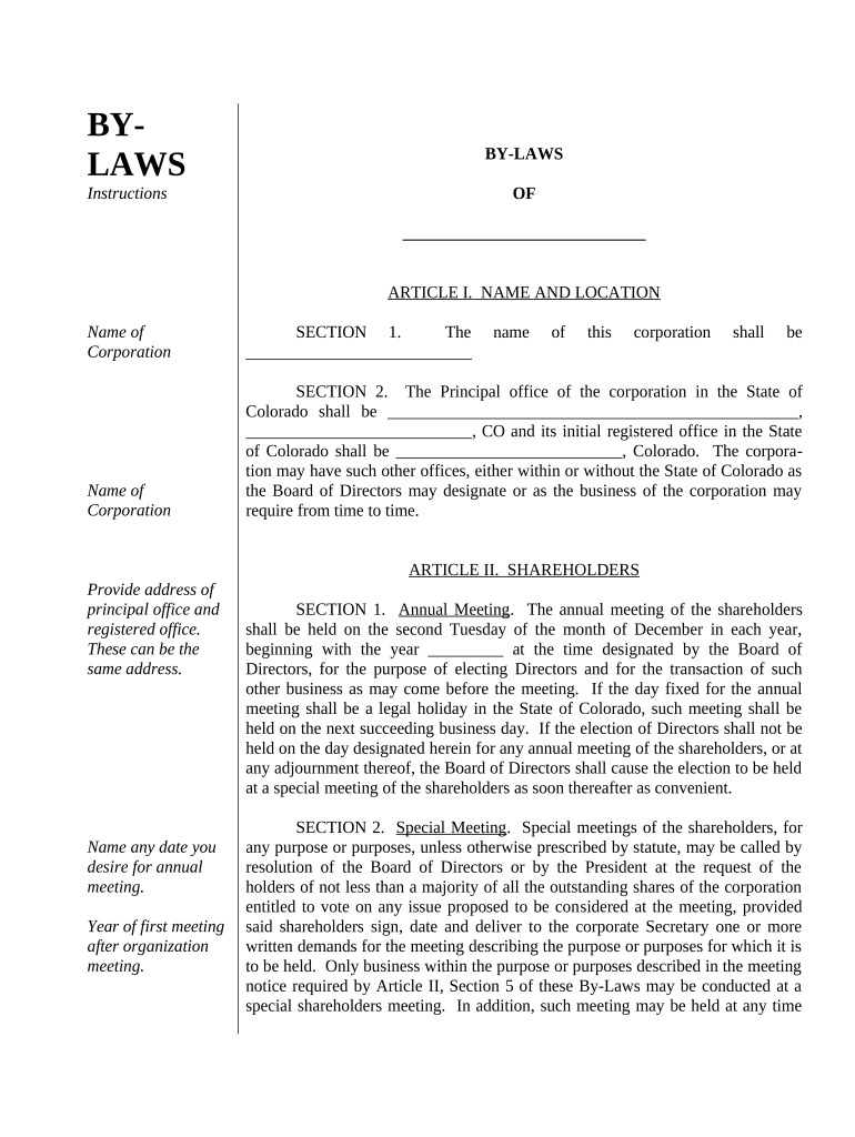 Colorado Bylaws for Corporation - Colorado Preview on Page 1.