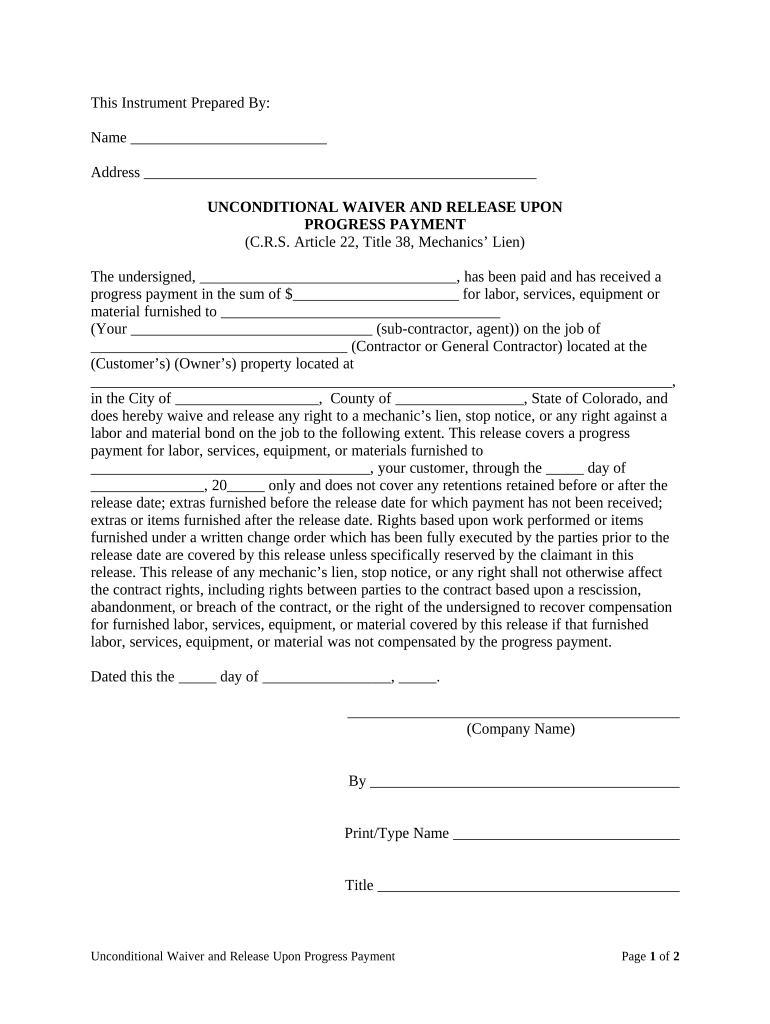 unconditional lien waiver template Preview on Page 1