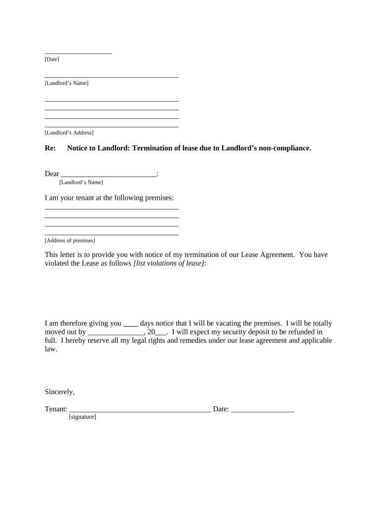 Letter from Tenant to Landlord containing Notice of termination for landlord&#039;s noncompliance with possibility to cure - Colorado Preview on Page 1