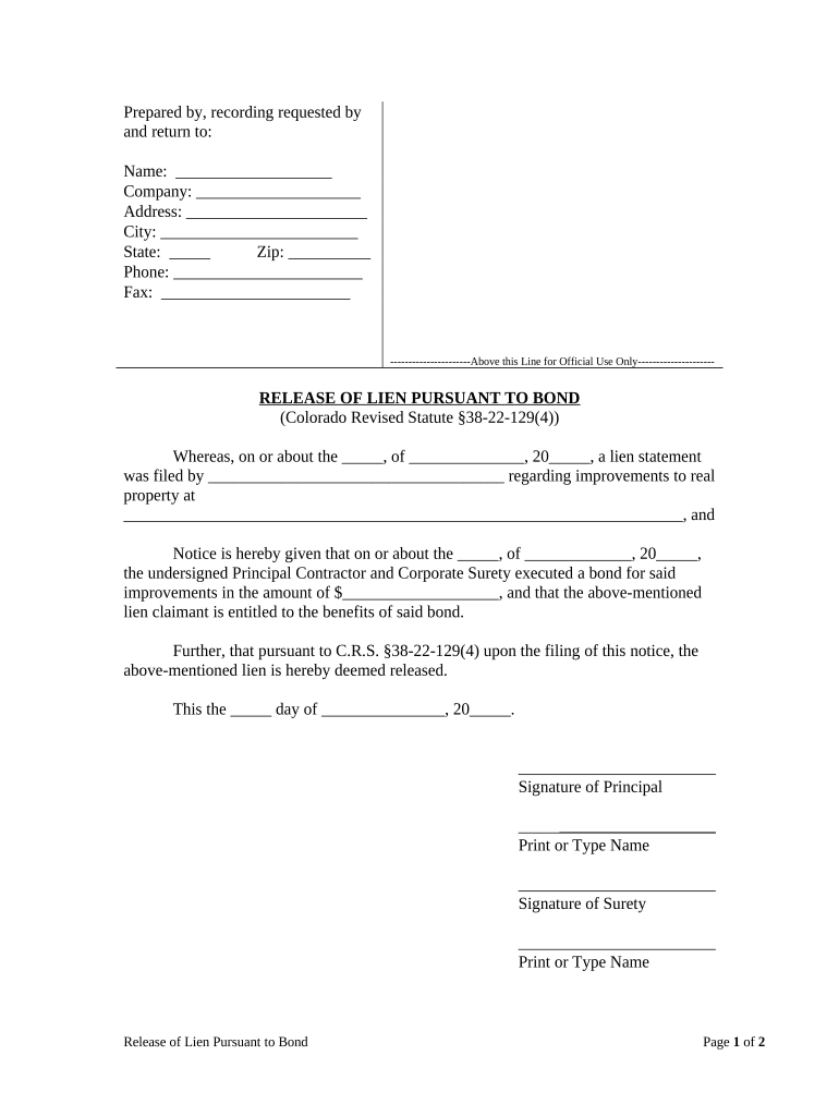 release of lien bond form Preview on Page 1