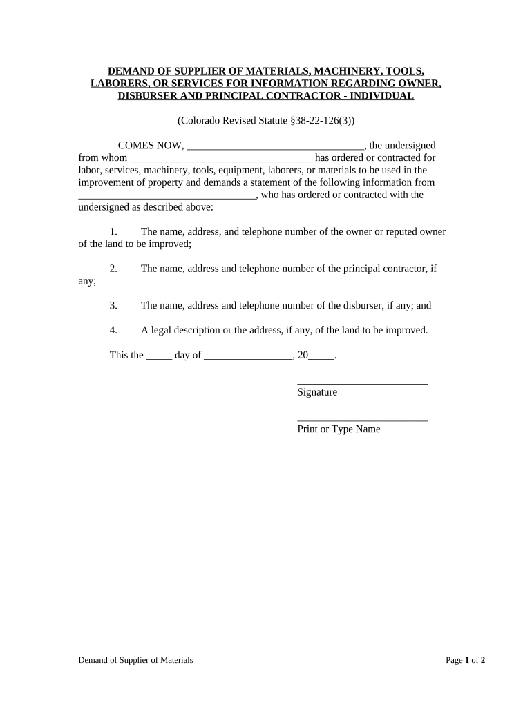 Demand of Supplier of Materials, Machinery, Tools, Laborers, or Services for Information Regarding Owner, Disburser, and Principal Contractor - Individual - Colorado Preview on Page 1