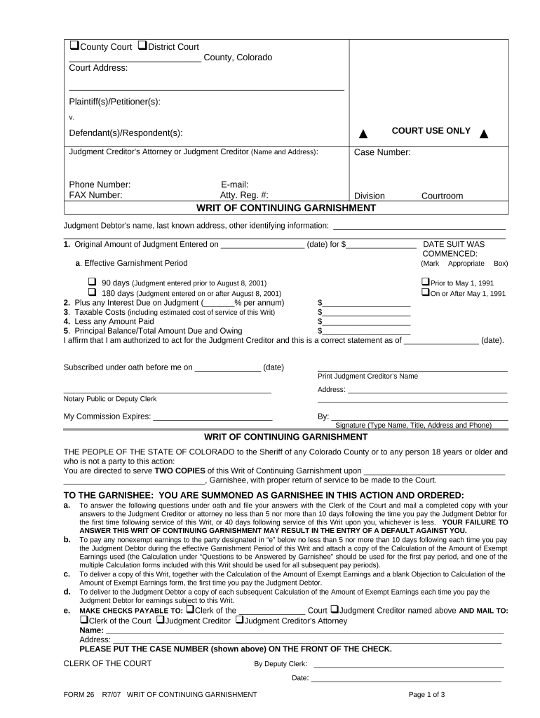 colorado garnishment document Preview on Page 1