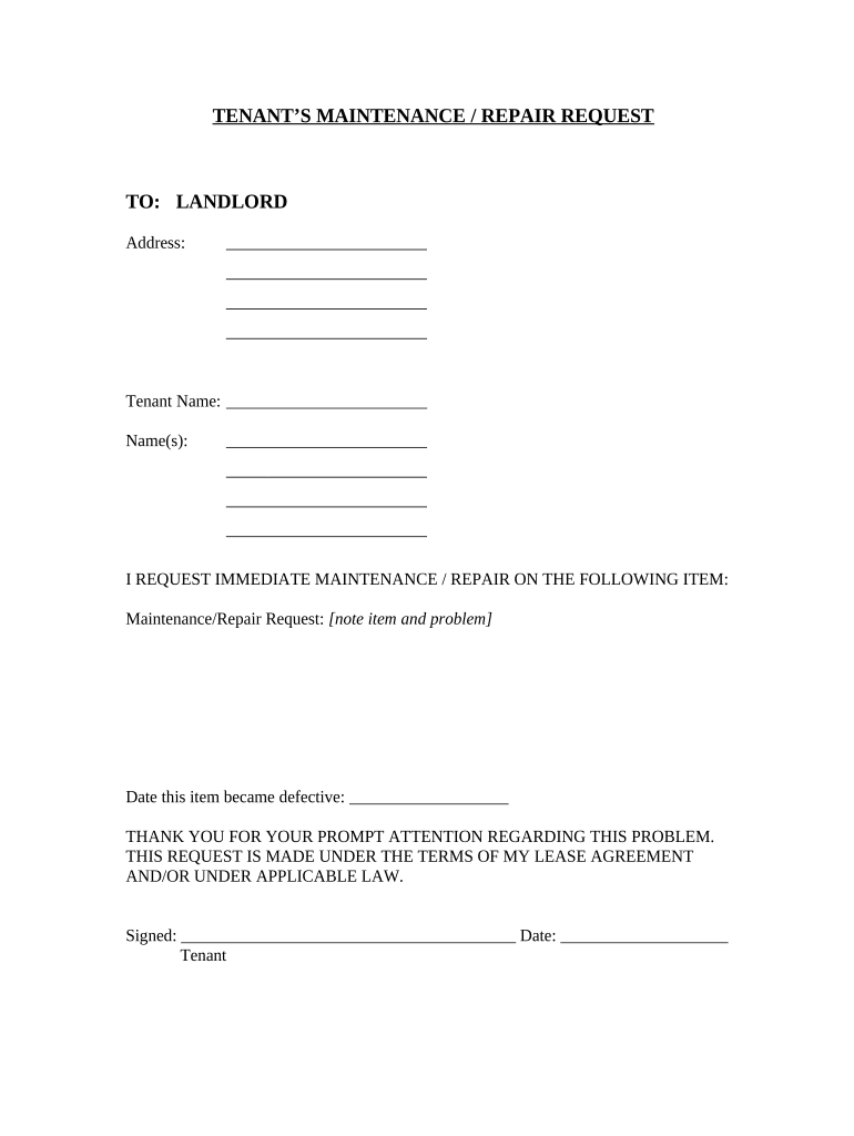 repair request form for tenants Preview on Page 1