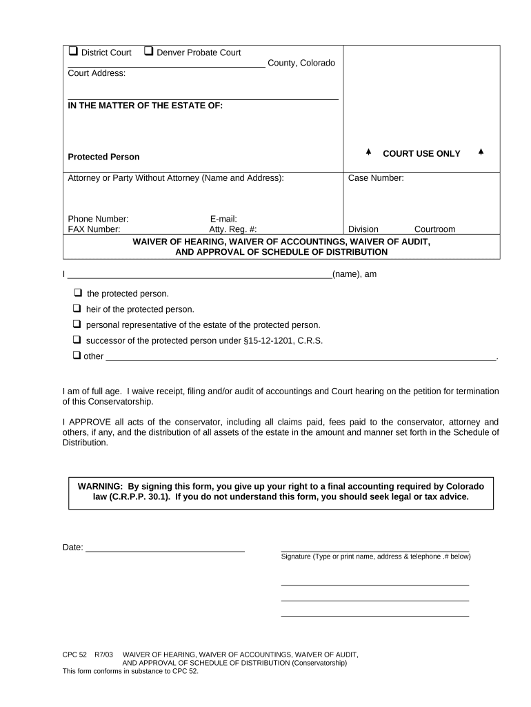 Waiver of Hearing, Waiver of Accountings, Waiver of Audit, and Approval of Schedule of Distribution - Colorado Preview on Page 1