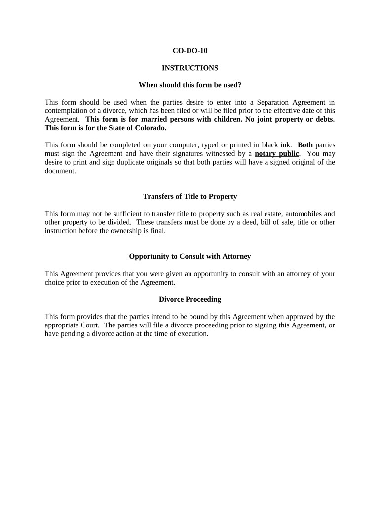 Marital Legal Separation and Property Settlement Agreement where Minor Children and No Joint Property or Debts and Divorce Action Filed - Colorado Preview on Page 1