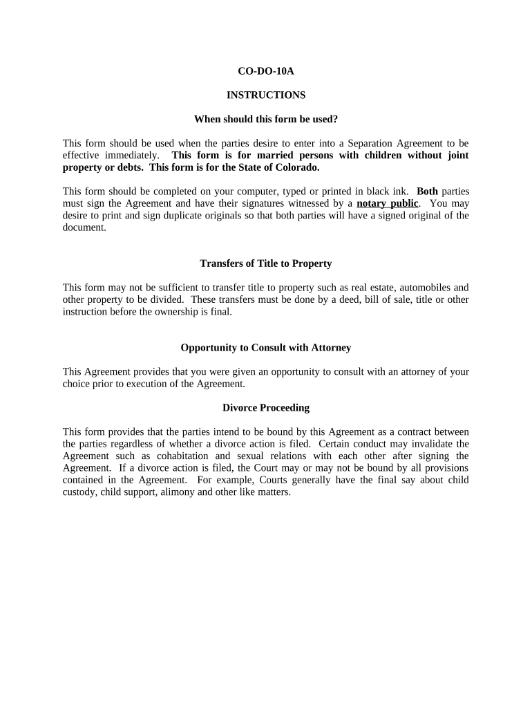 Marital Legal Separation and Property Settlement Agreement where Minor Children and No Joint Property or Debts that is Effective Immediately - Colorado Preview on Page 1