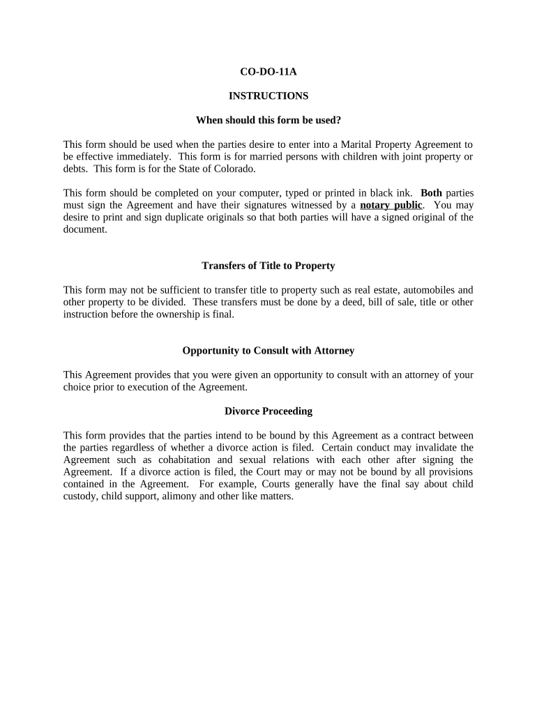 Marital Legal Separation and Property Settlement Agreement Minor Children Parties May have Joint Property or Debts effective Immediately - Colorado Preview on Page 1.