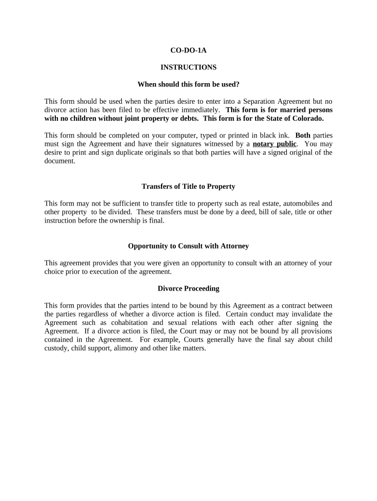 Marital Legal Separation and Property Settlement Agreement for persons with no Children, No Joint Property or Debts Effective Immediately - Colorado Preview on Page 1