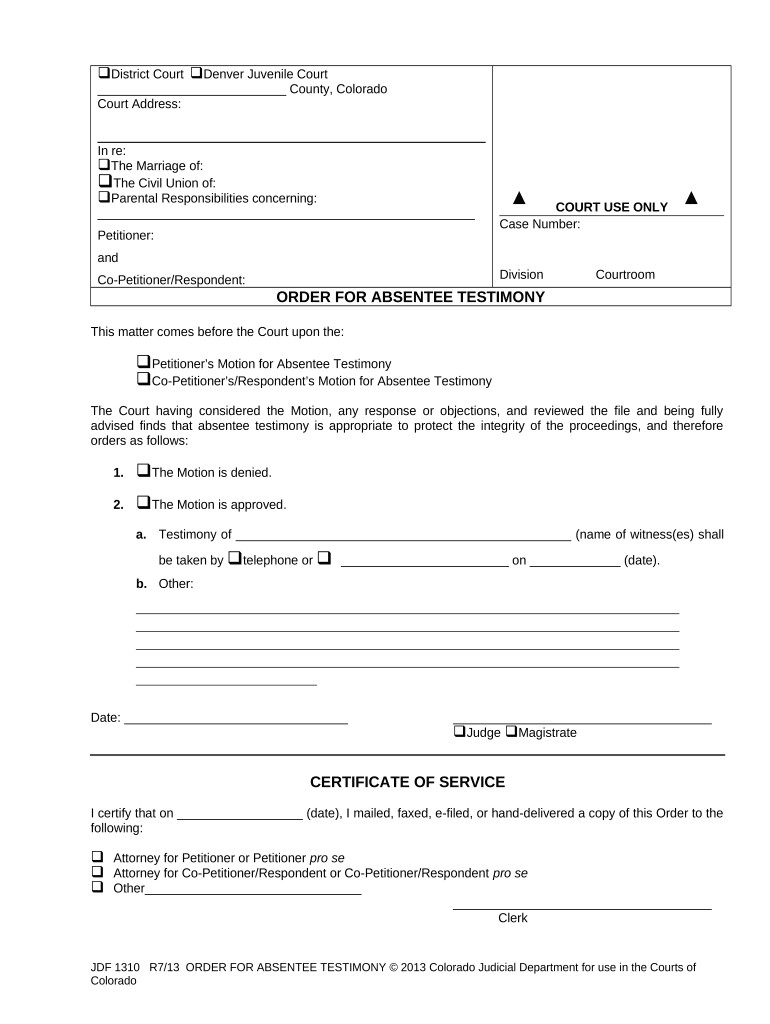 Order for Telephone Testimony - Colorado Preview on Page 1.