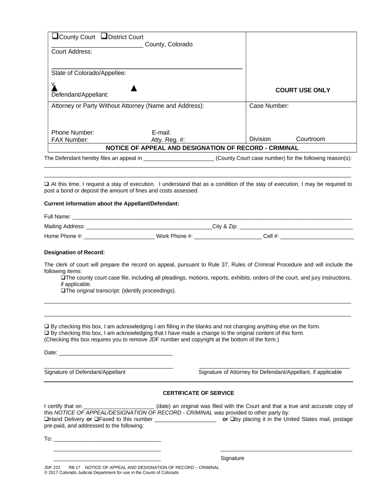 Notice Of Appeal And Designation Of Record Criminal Colorado Doc